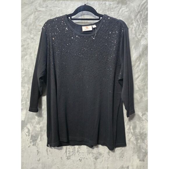 Quacker Factory Tops - NWOT Quacker Factory Womens Shirt 1X Black 3/4 Sleeve Sequins Ribbed 100% Cotton